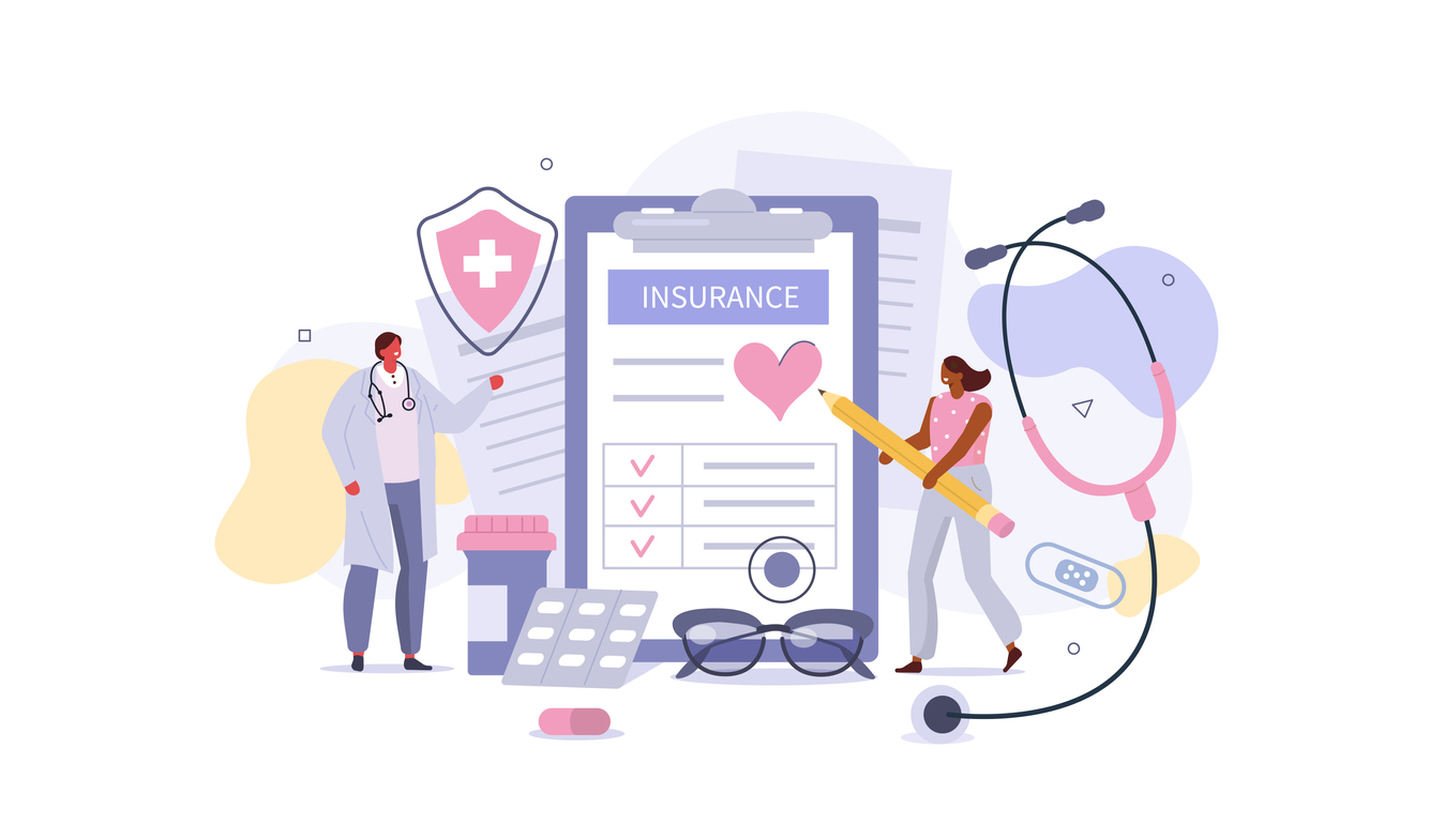 Doctor and Patient in Hospital Office filling Health Insurance Contract. Near lying Medical Pills, Capsules, Stethoscope and other Medical Staff. Healthcare Concept. Flat Cartoon Vector Illustration.