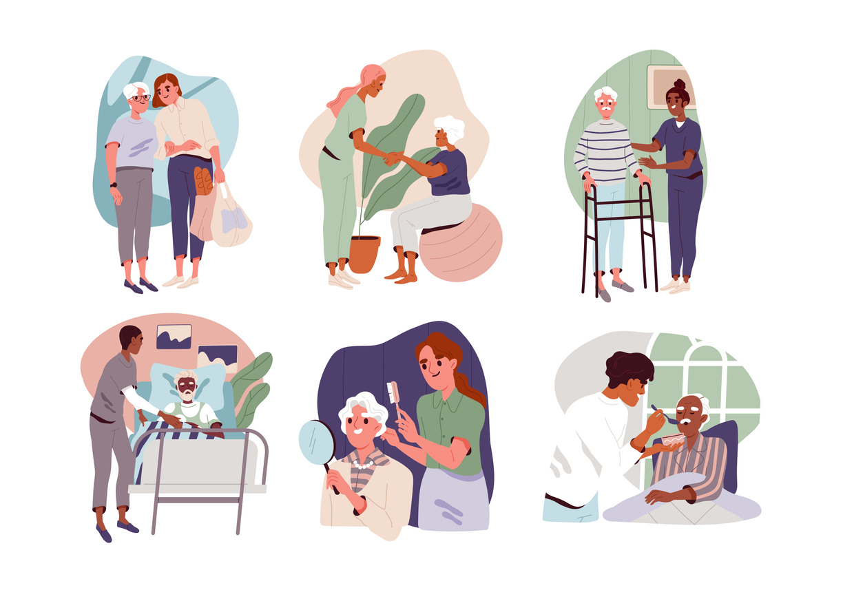 Nurses, doctor and caregivers in nursing home take care of old men and women. Volunteers help aged people at home and hospital.